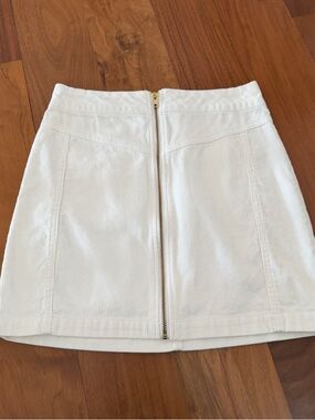 White Corduroy Mini Skirt with Front Gold Zip